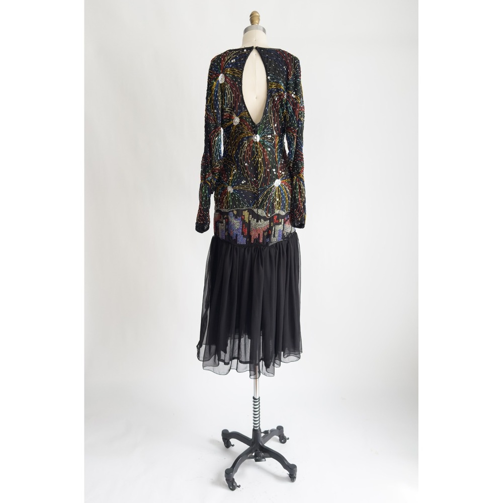 Judith Ann Creations vtg black‎ silk hand beaded fireworks dress S-M - Picture 8 of 9